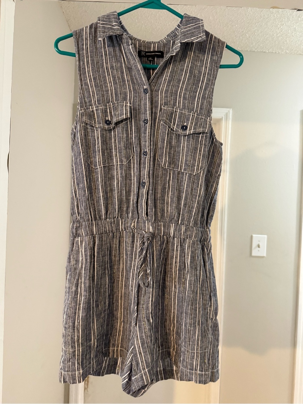 INC International Concepts Navy and White Striped Button-Front Top